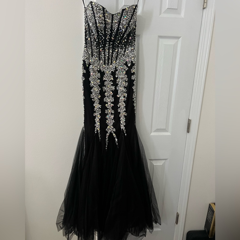 Jovani Black and Silver Embellished Tiered Gown for Prom